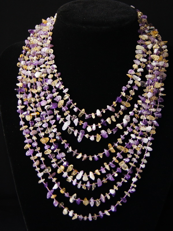 Колье 8 нитей, аметист с цитрином, 70 см