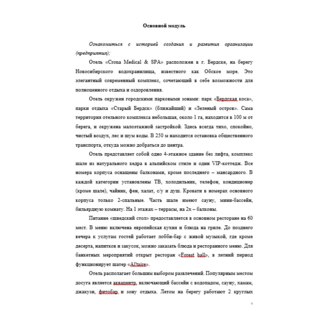 Отчет по практике Отель Crona Medical & SPA