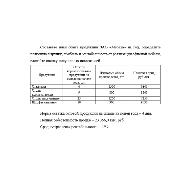 Составьте план сбыта продукции ЗАО «Мебель» на год