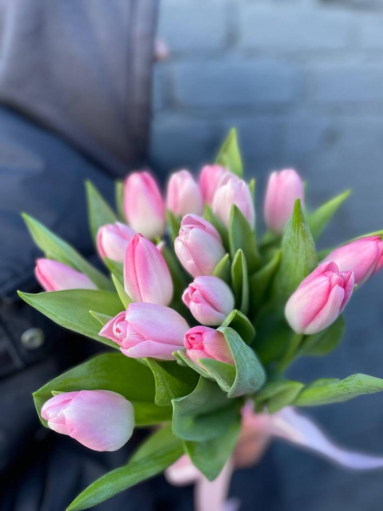 Розовые тюльпаны с лентой