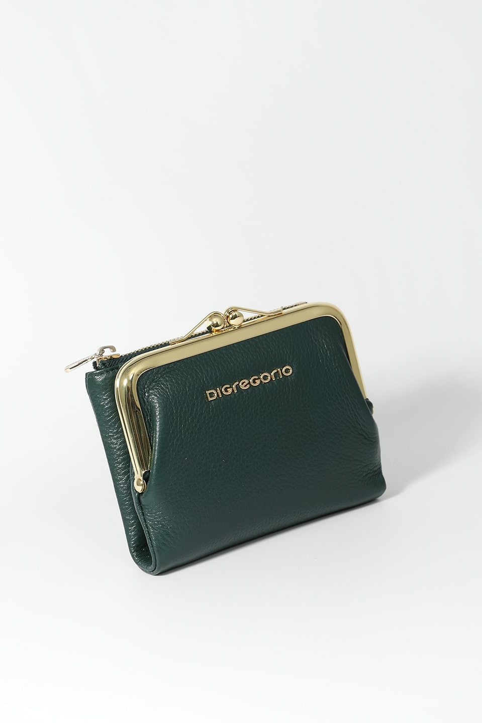 Тёмно-зелёный кошелёк с золотистой фурнитурой и застёжкой-фермуаром от Di Gregorio