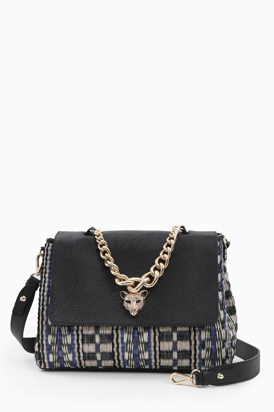 Cэтчел с массивной золотистой цепью и головой леопарда KELLEN из рафии и натуральной кожи чёрного цвета