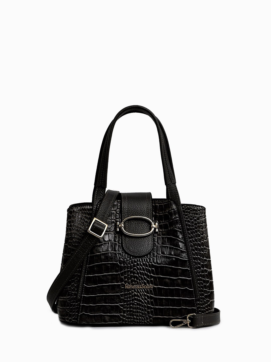 Классическая сумка с круглой пряжкой от Vanessa Scani из кожи под крокодила чёрного цвета