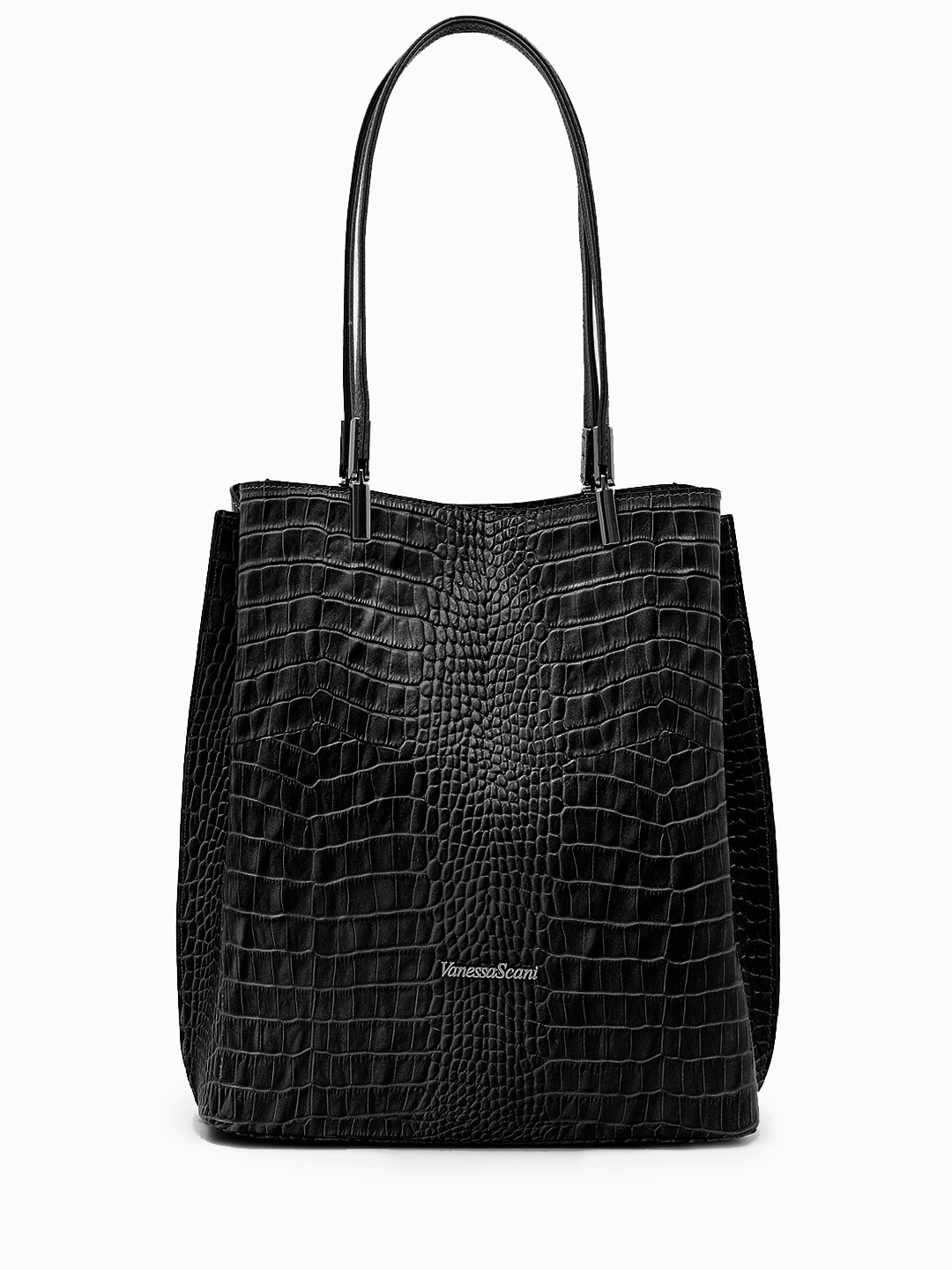 Сумка-шоппер с именной гравировкой от Vanessa Scani из кожи под крокодила чёрного цвета