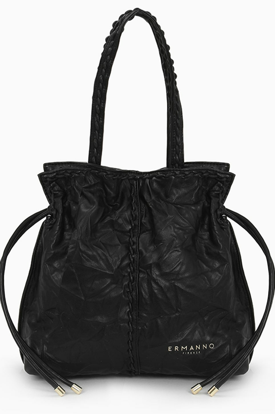 Сумка-тоут с длинными ручками и объёмной строчкой от ERMANNO FIRENZE в чёрном цвете