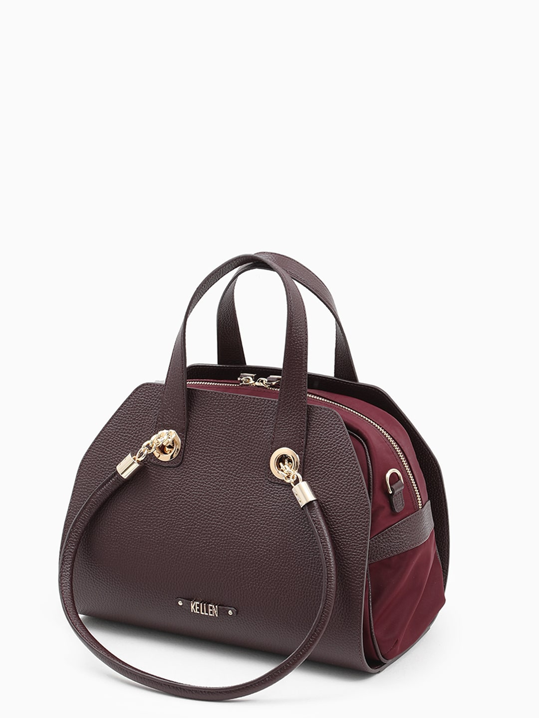 Сумка-трансформер с двойными ручками от KELLEN из нейлона и натуральной кожи бордового оттенка