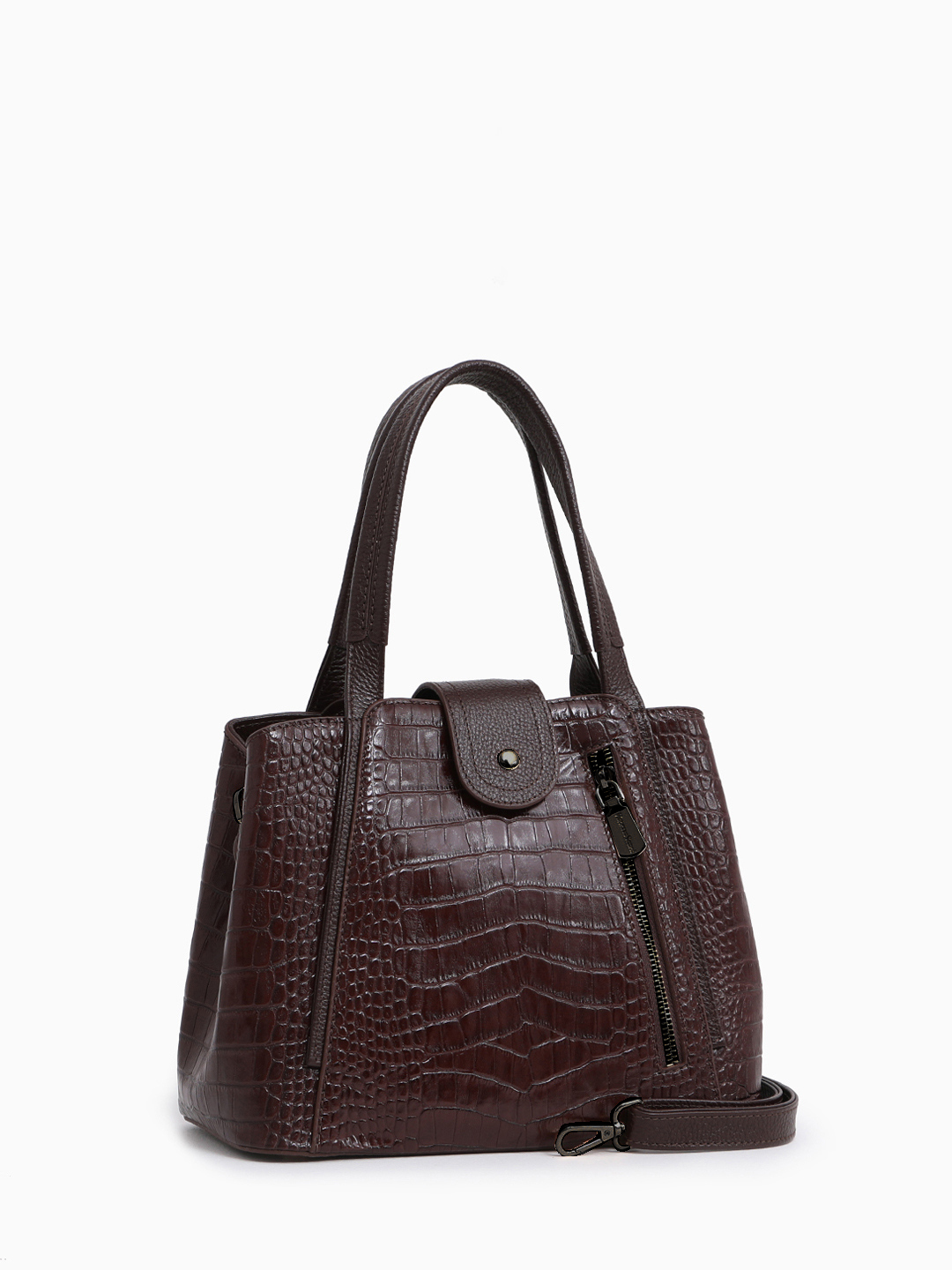 Классическая сумка с круглой пряжкой от Vanessa Scani из кожи под крокодила коричневого цвета