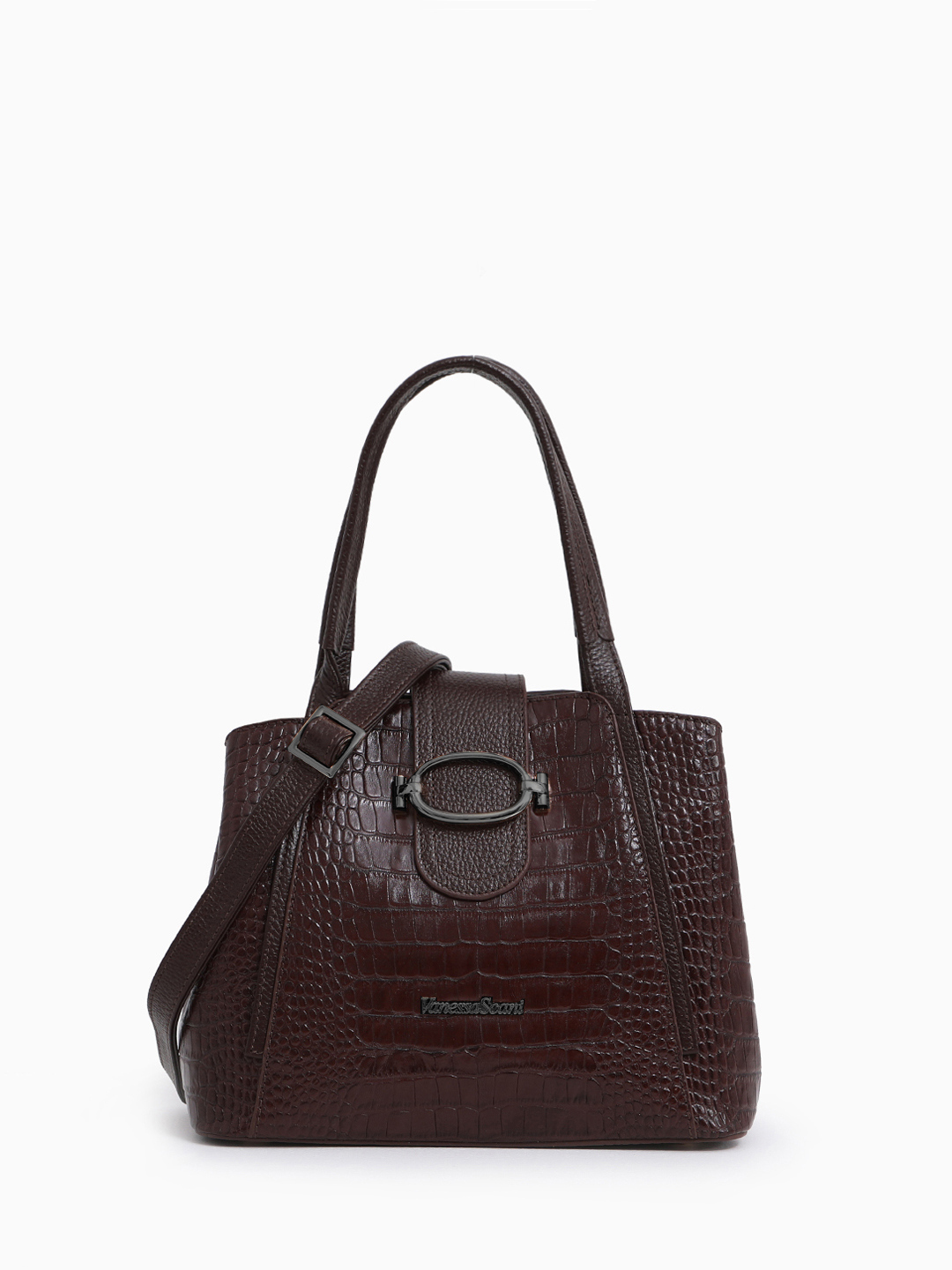 Классическая сумка с круглой пряжкой от Vanessa Scani из кожи под крокодила коричневого цвета