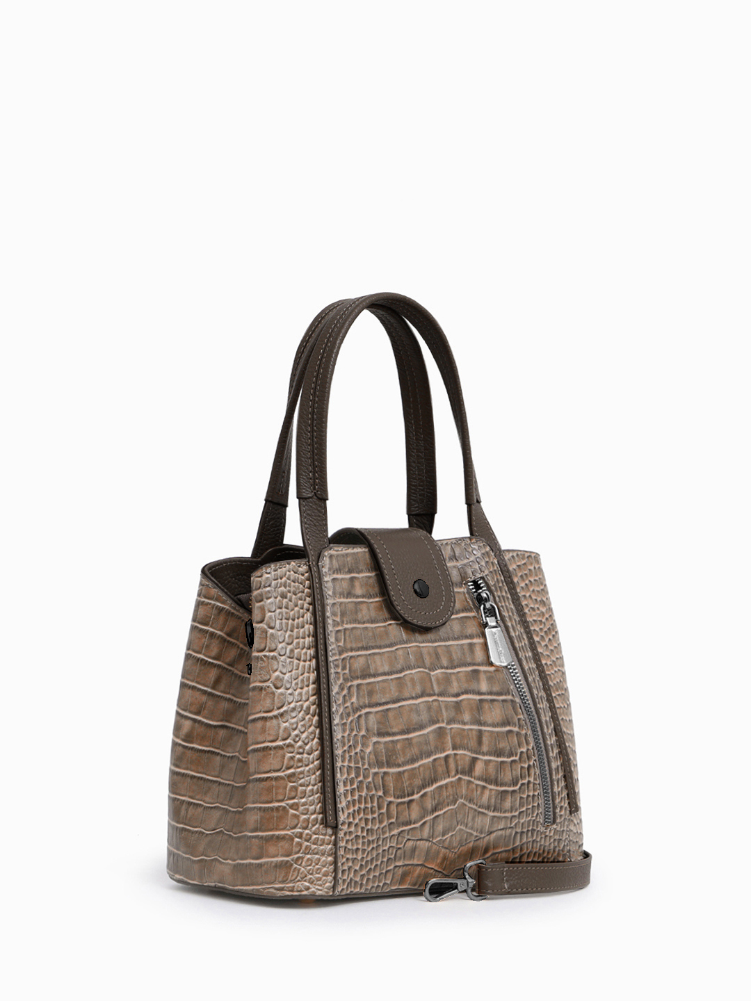 Классическая сумка с круглой пряжкой от Vanessa Scani из кожи под крокодила цвета тауп