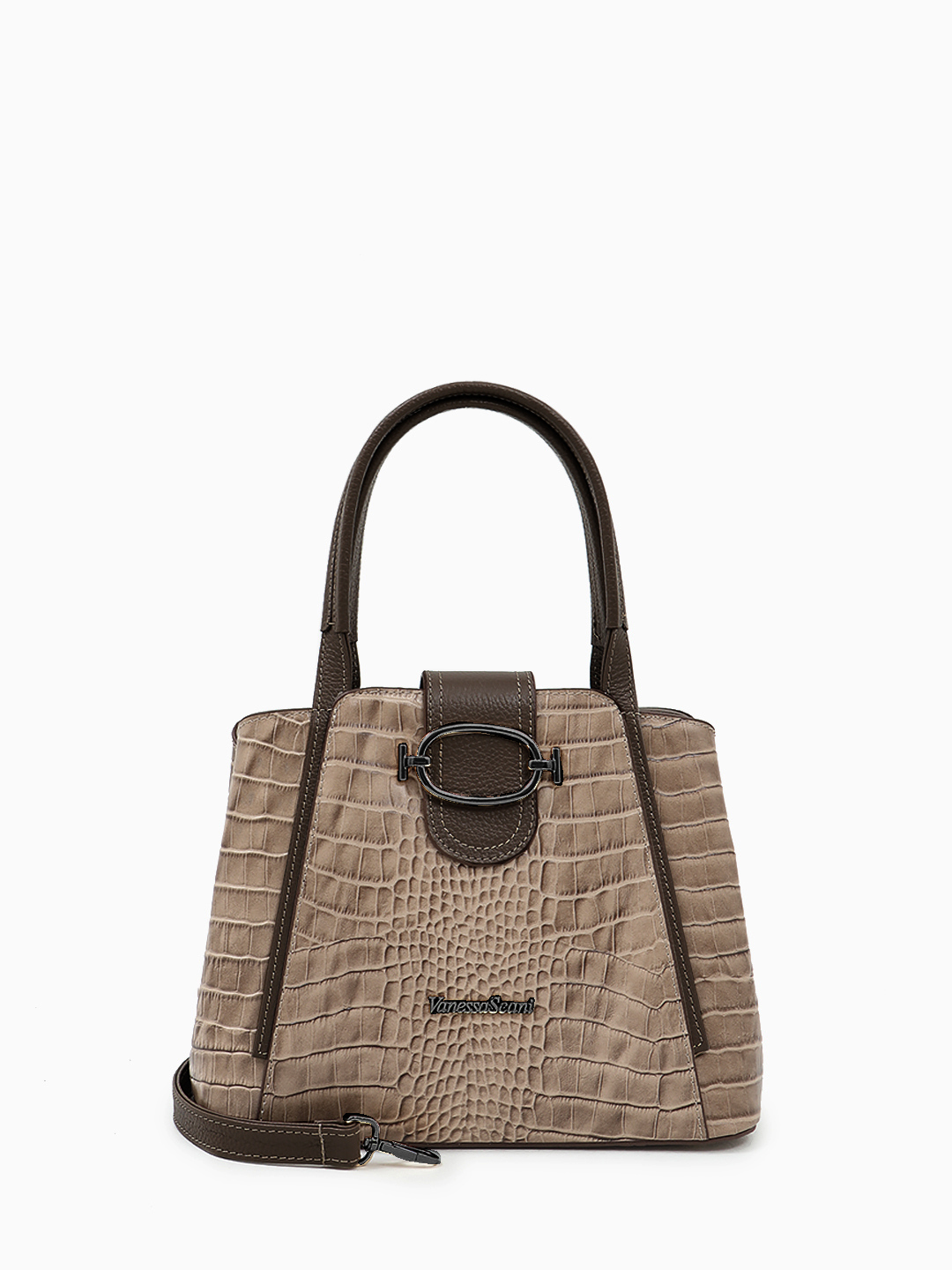 Классическая сумка с круглой пряжкой от Vanessa Scani из кожи под крокодила цвета тауп