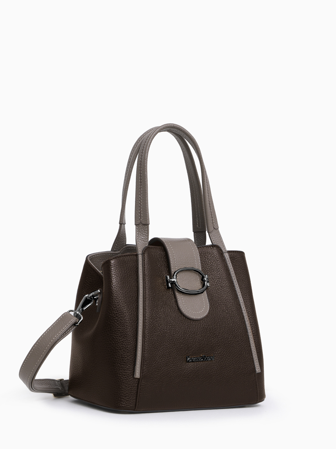 Классическая сумка с круглой пряжкой от Vanessa Scani в коже коричневого цвета
