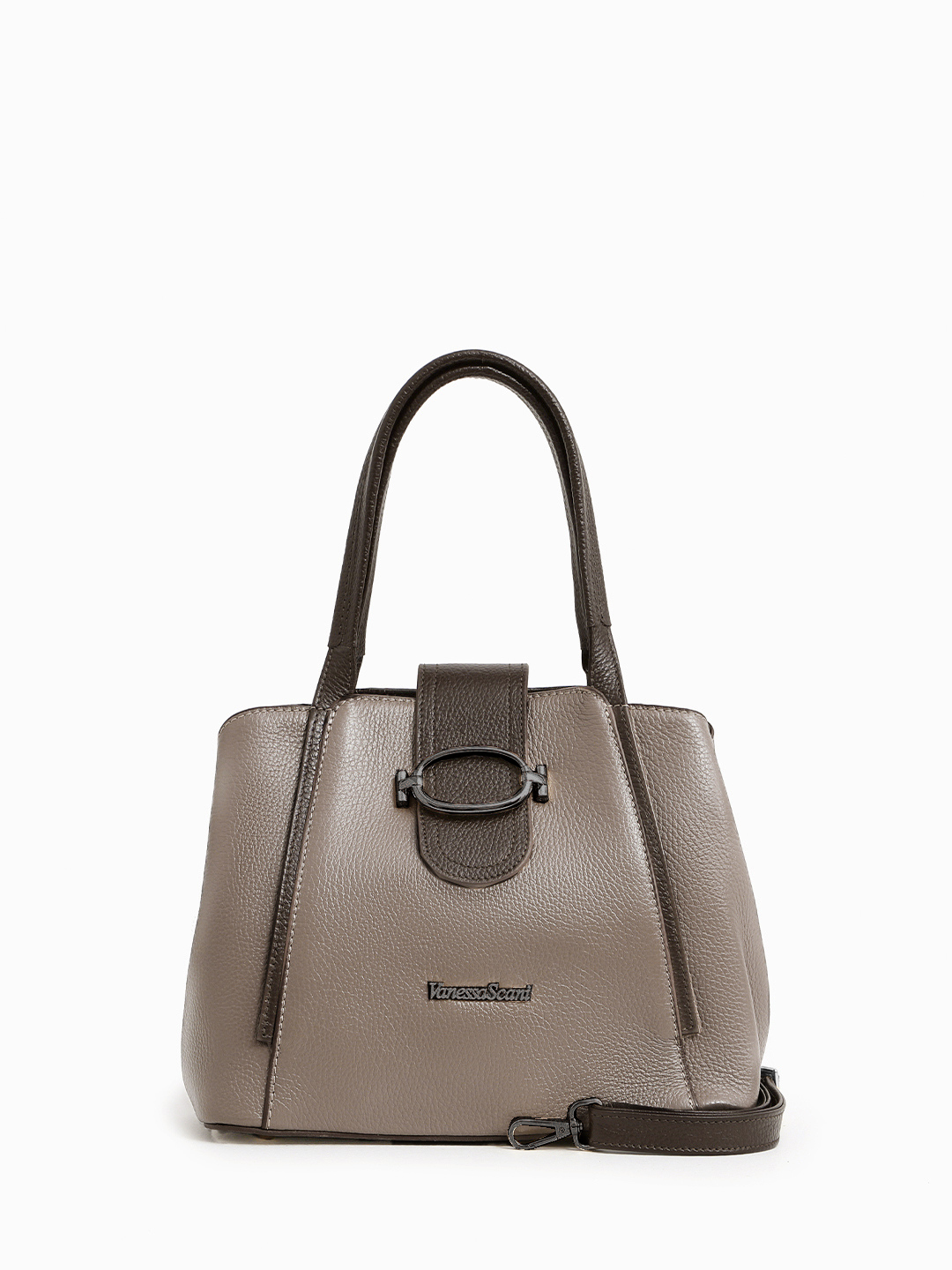 Классическая сумка с круглой пряжкой от Vanessa Scani в коже цвета тауп