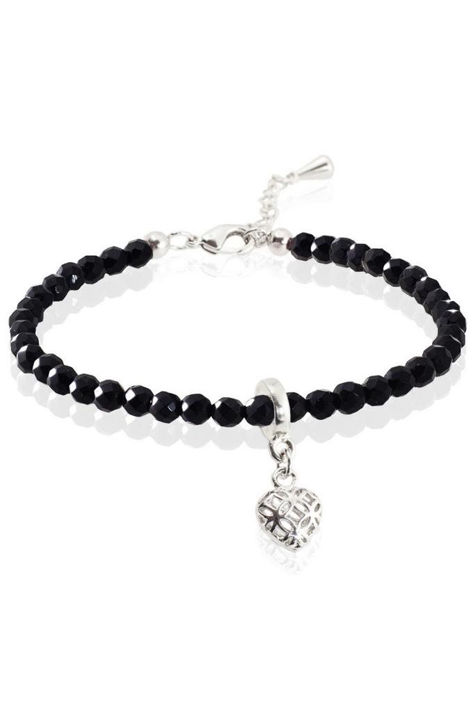 Браслет Miniature Black Love (Silver) из миниатюрного черного агата ювелирной огранки с подвеской "Сердце"