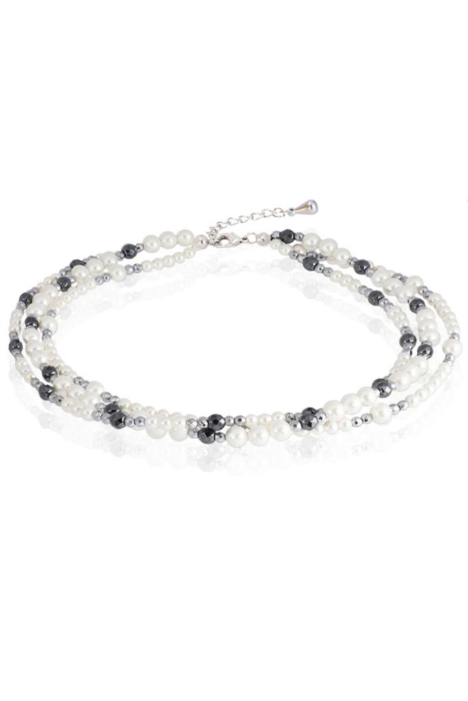 Колье многослойное Miniature Pearl&Silver из миниатюрного жемчуга-майорки и ограненного гематита