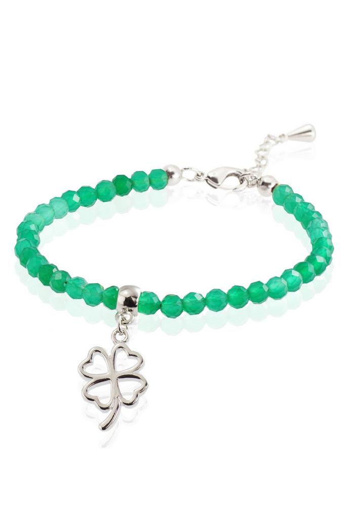 Браслет Miniature Emerald Luck (Silver) из миниатюрного изумрудного агата ювелирной огранки с подвеской "Четырехлистник"