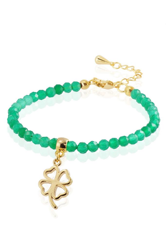 Браслет Miniature Emerald Luck (Gold) из миниатюрного изумрудного агата ювелирной огранки с подвеской "Четырехлистник"