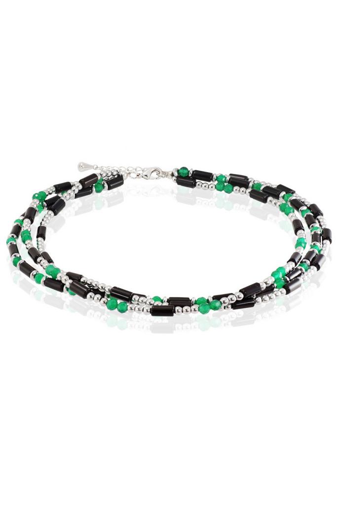 Колье многослойное Miniature Black&Emerald из миниатюрного черного и изумрудного агата и гематита