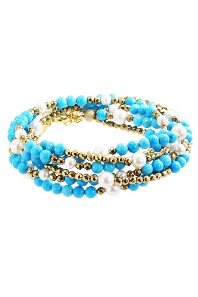 Браслет многослойный Miniature Turquoise&Pearl из миниатюрного бирюзового туркенита, жемчуга-майорки и гематита