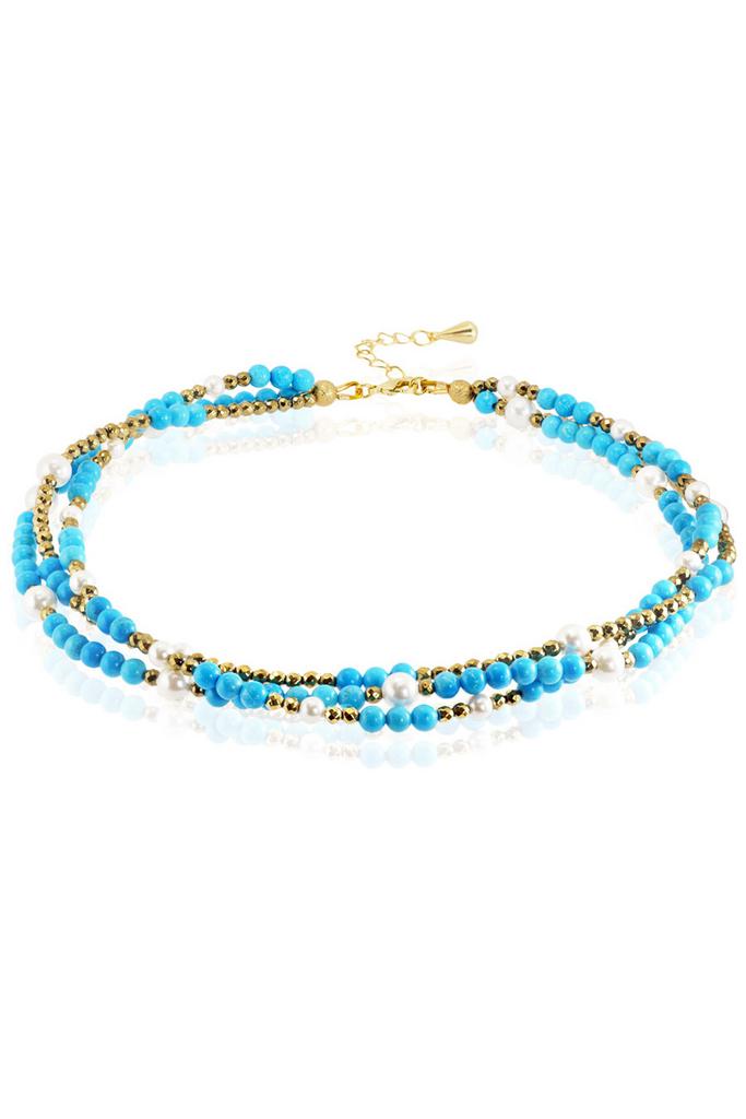 Колье многослойное Miniature Turquoise&Pearl из миниатюрного бирюзового туркенита, жемчуга-майорки и гематита