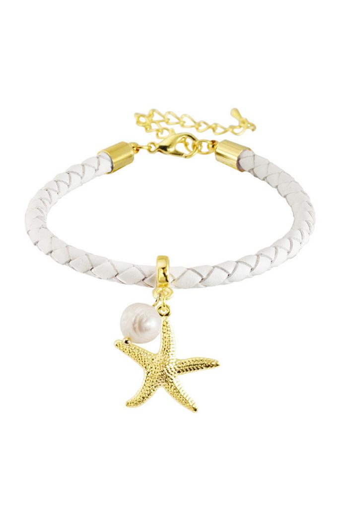 Браслет Maldives Blanc из натуральной кожи с жемчугом и морской звездой
