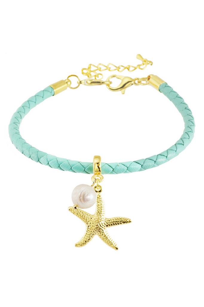 Браслет Maldives Turquoise из натуральной кожи с жемчугом и морской звездой