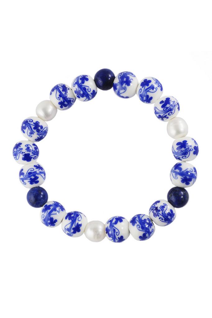 Браслет Marussia из керамических бусин с росписью, натурального жемчуга и лазурита