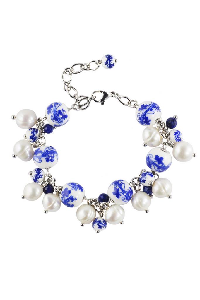Браслет-гроздь Marussia из керамических бусин с росписью, натурального жемчуга и лазурита