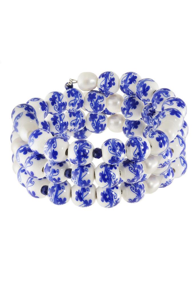 Браслет Marussia винтовой из керамических бусин с росписью, натурального жемчуга и лазурита