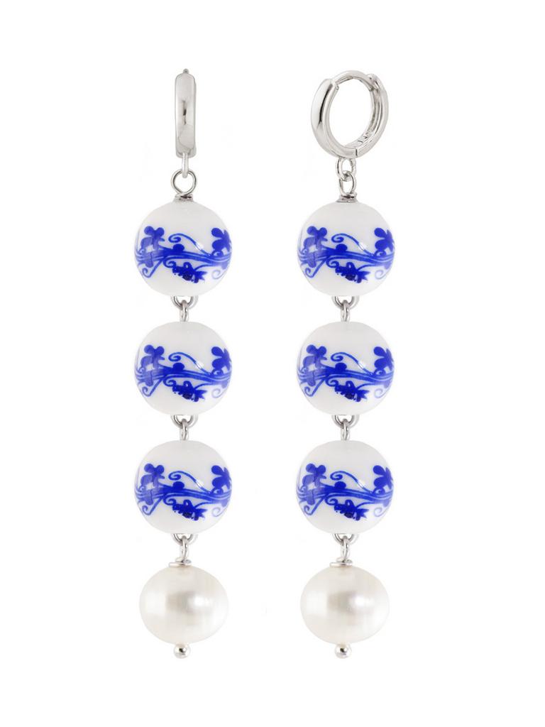 Серьги Marussia длинные из керамических бусин с росписью и натурального жемчуга