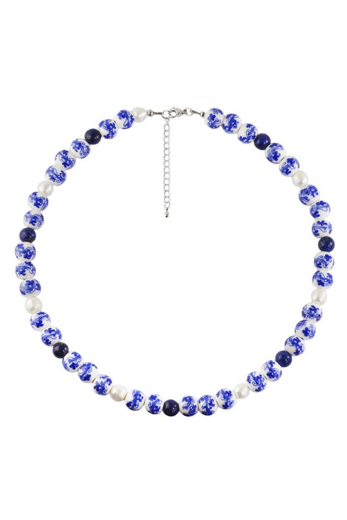 Колье Marussia из керамических бусин с росписью, натурального жемчуга и лазурита