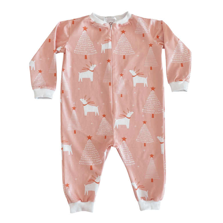Deer and Christmas trees pajamas with a zip