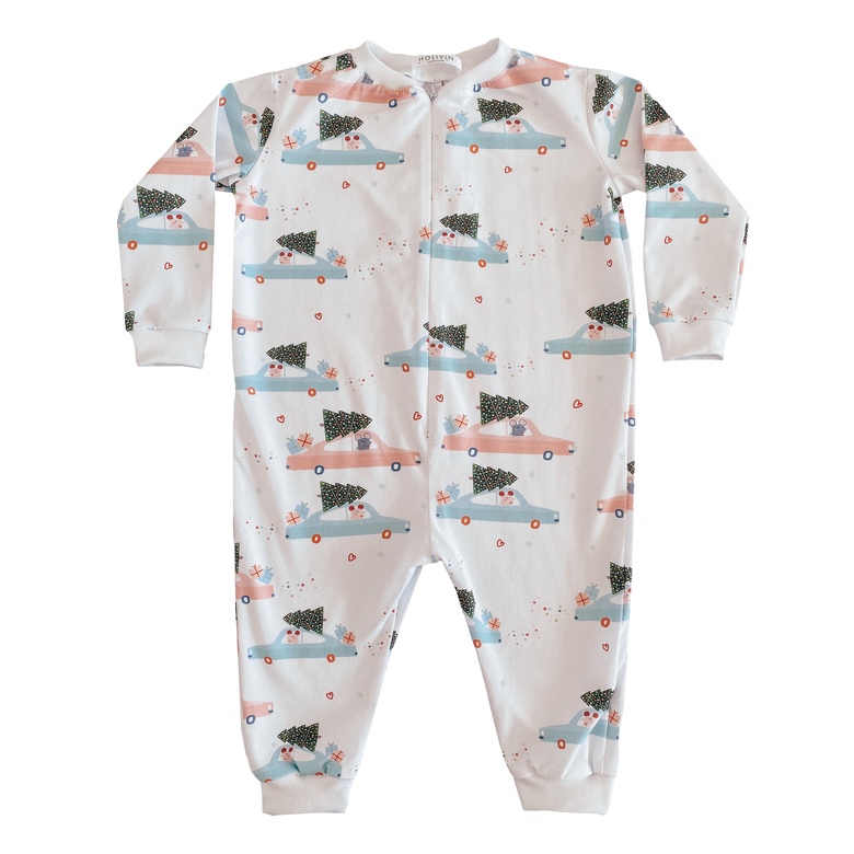 Cars and Christmas trees pajamas with a zip