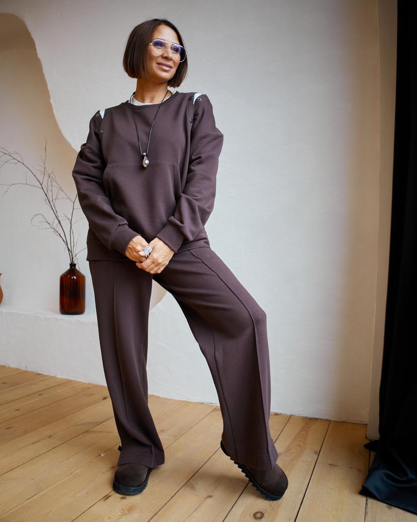 Брюки палаццо трикотажные, коричневые