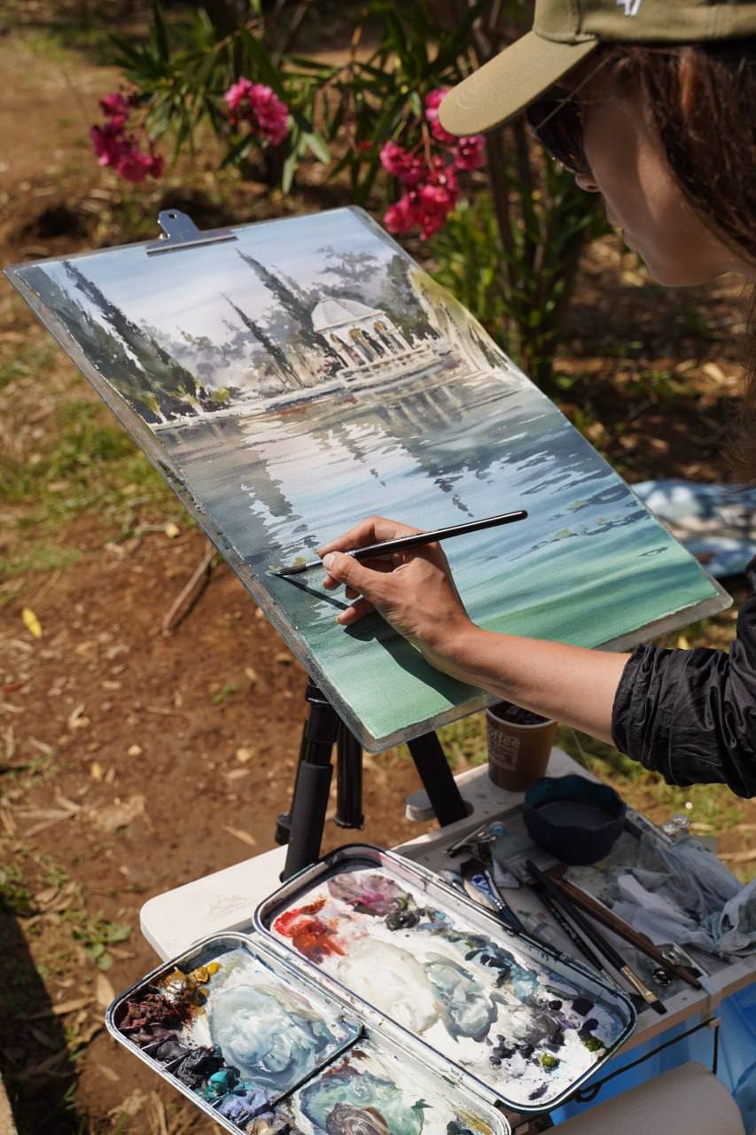 Картина  "Белая беседка на воде"