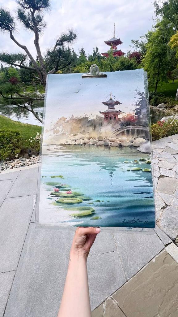 Картина  "Японский сад и пруд”