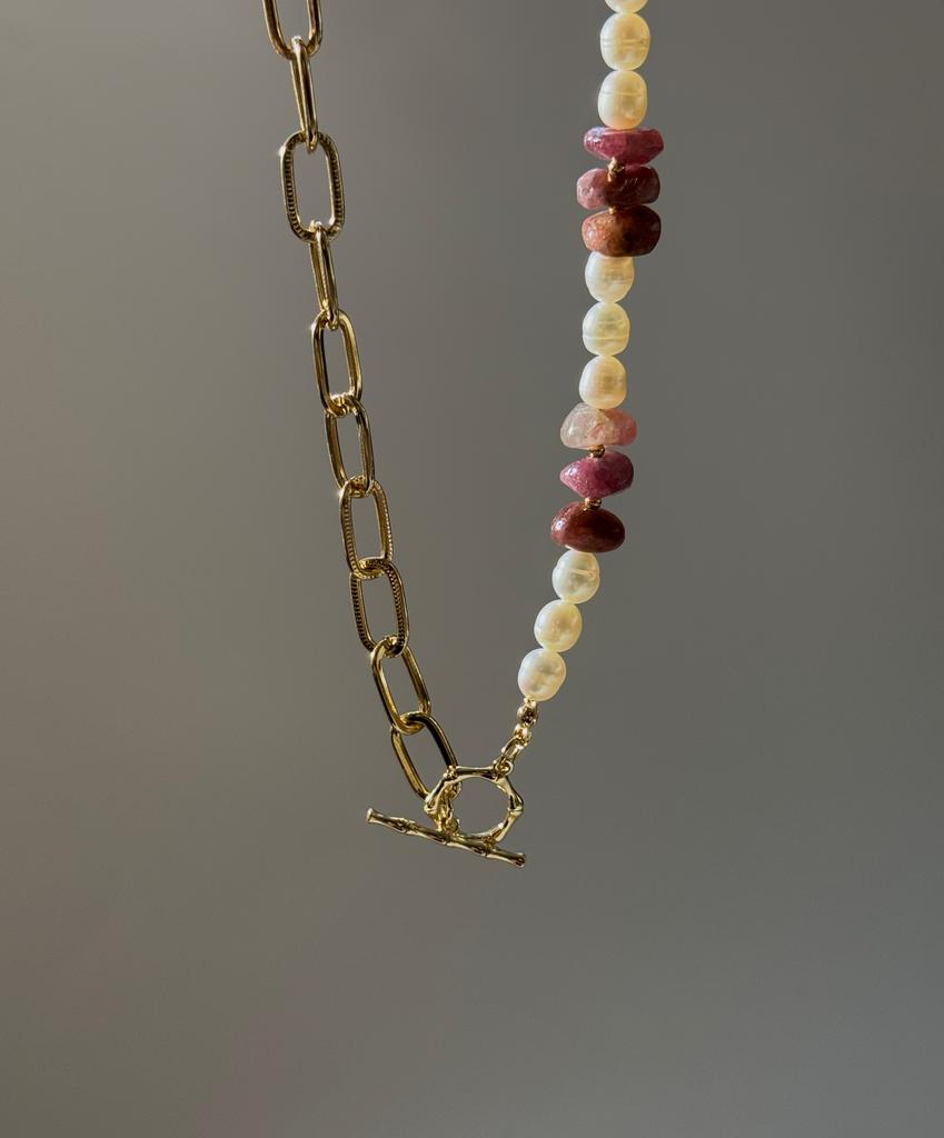 Комплект с розовым турмалином и жемчугом