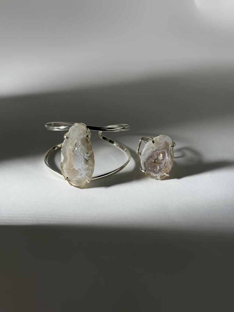 Комплект браслет и кольцо со срезом агата