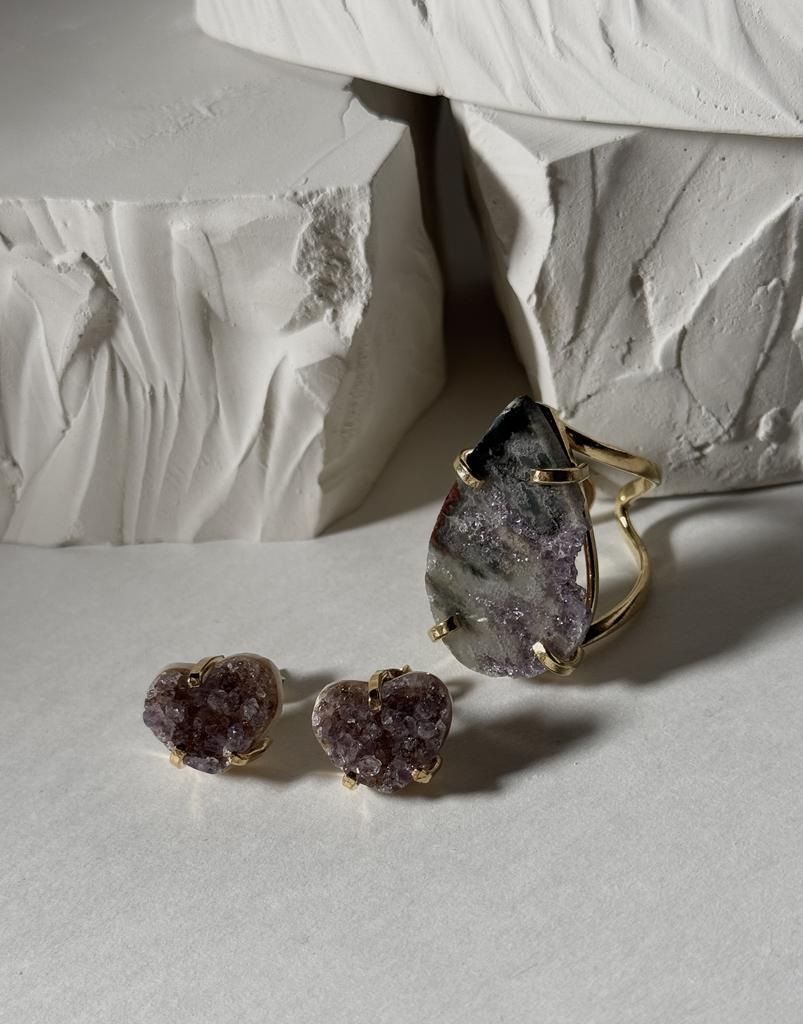 Комплект кольцо и серьги с аметистом  «Внутренний баланс и гармония»