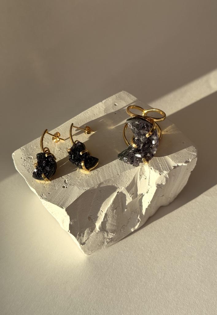 Комплект кольцо и серьги с темным аметистом  «Лунный свет»