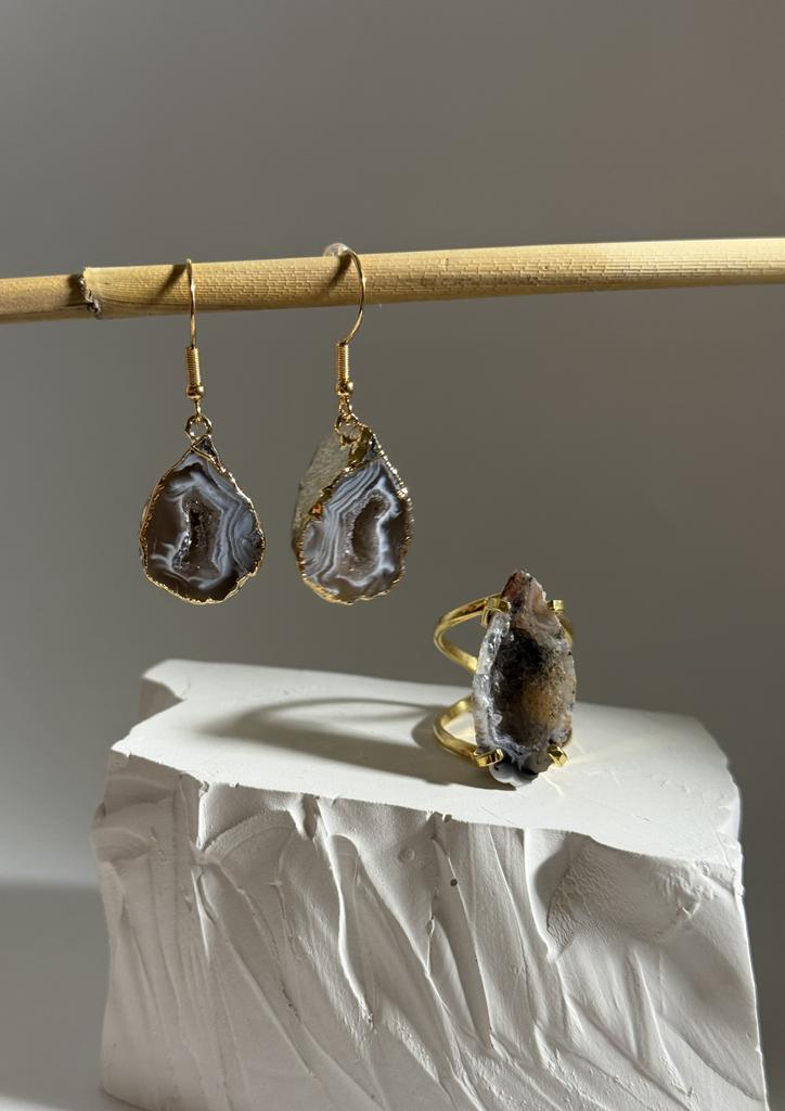 Комплект кольцо и серьги с жеодой агата