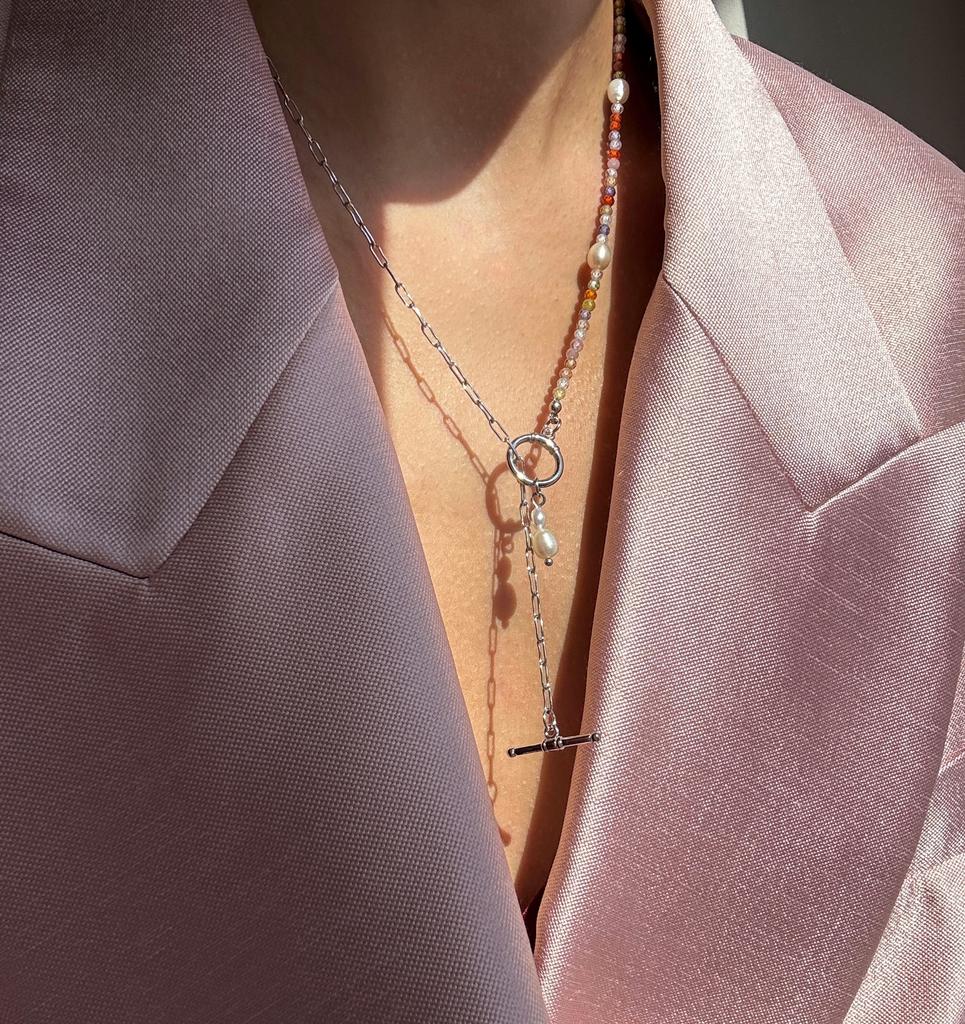 Колье с цветным цирконом и культивированным жемчугом