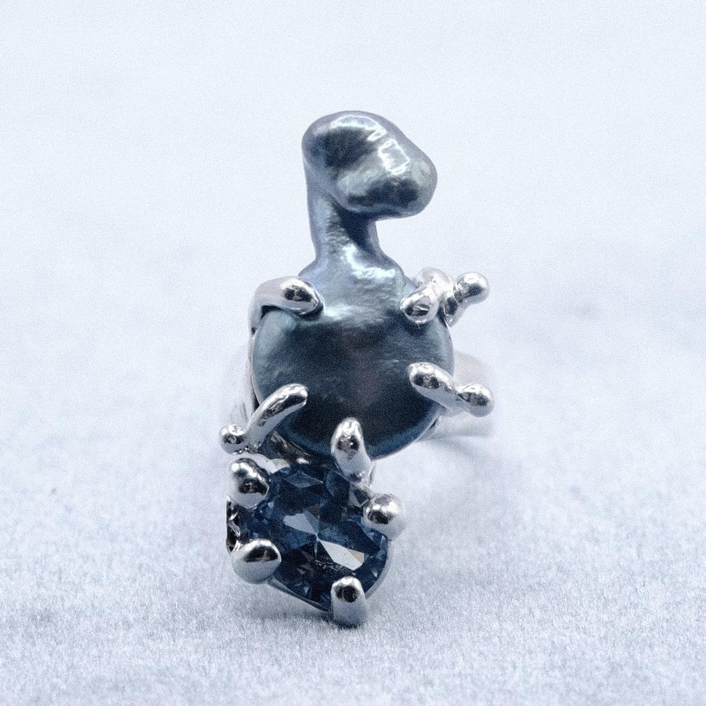 Кольцо с жемчугом и голубым фианитом (skol*zko)