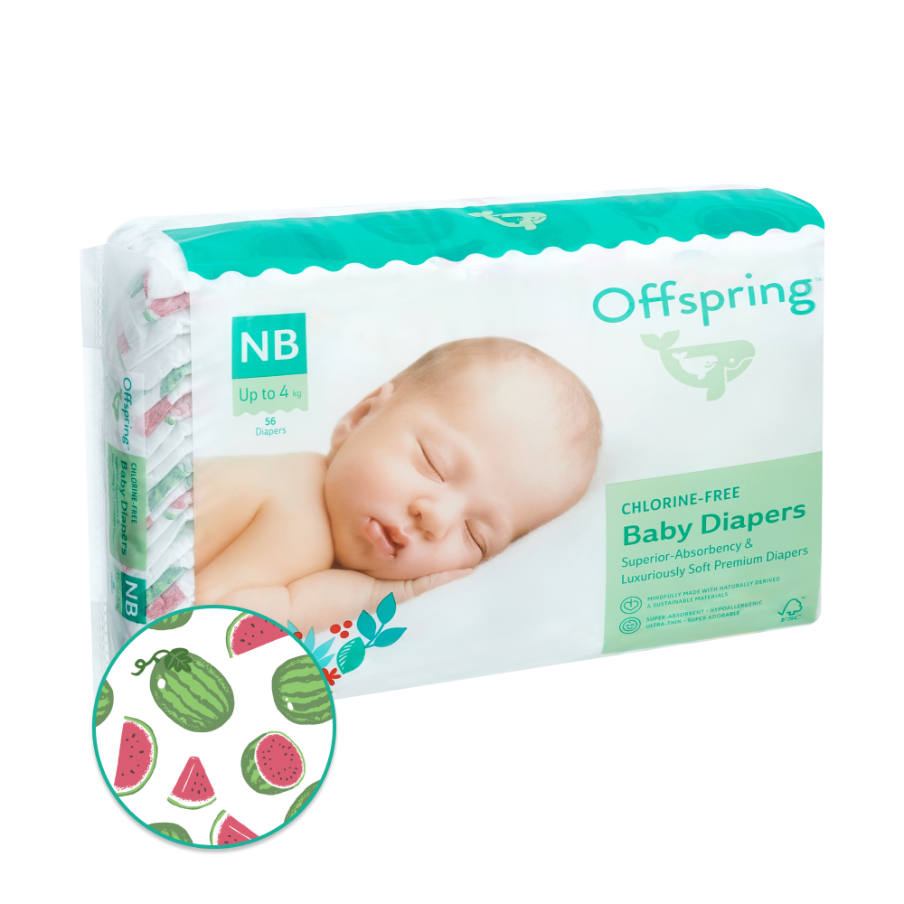 OFFSPRING | подгузники NB 2-4 кг 56 шт расцветка Арбузы