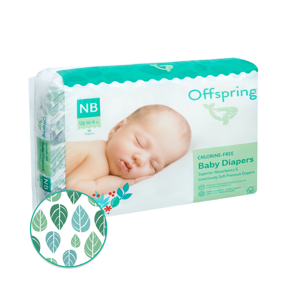 OFFSPRING | подгузники NB 2-4 кг 56 шт расцветка Листики