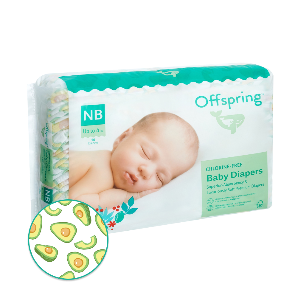 OFFSPRING | подгузники NB 2-4 кг 56 шт расцветка Авокадо