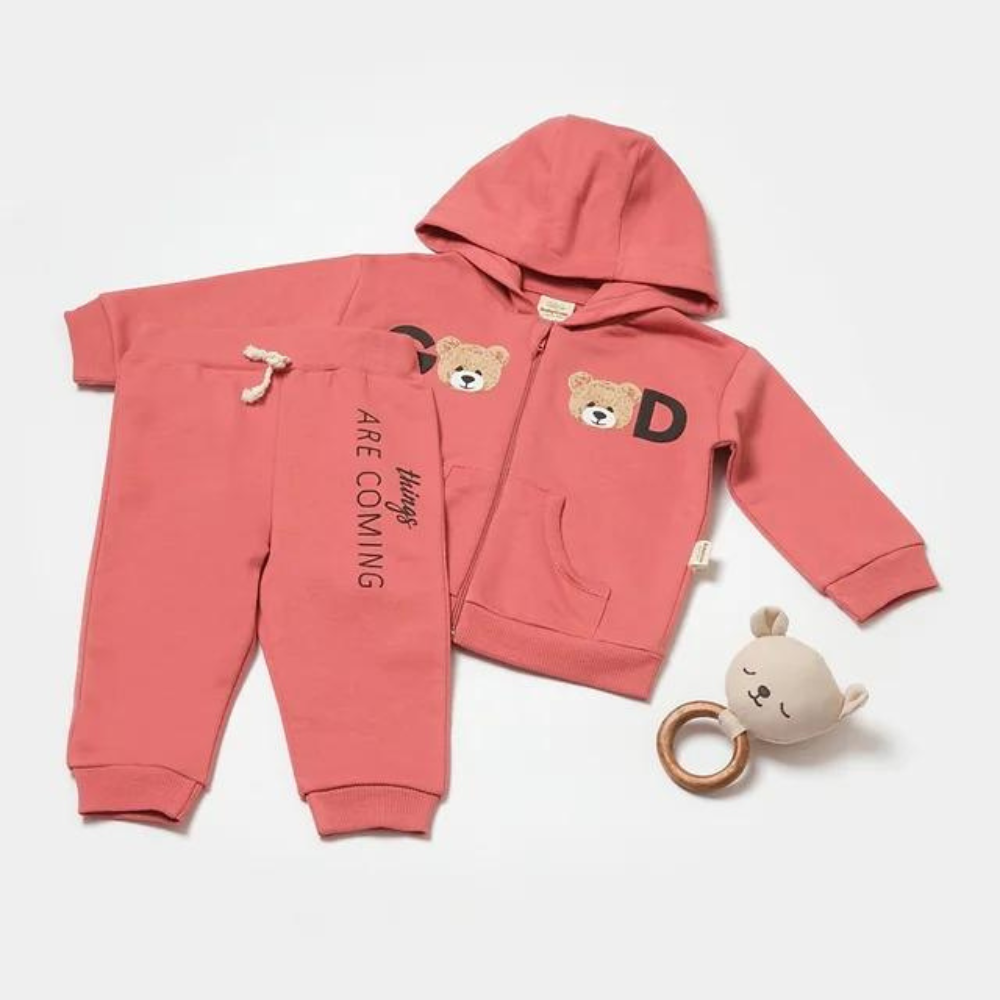 Костюм детский хлопковый с капюшоном на замке, цвет коралловый (рисунок Мишки)