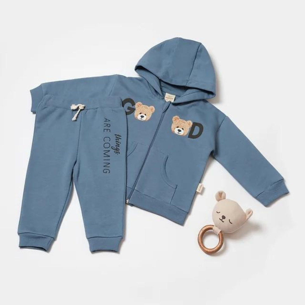 Костюм детский хлопковый с капюшоном на замке, цвет синий (рисунок Мишки)