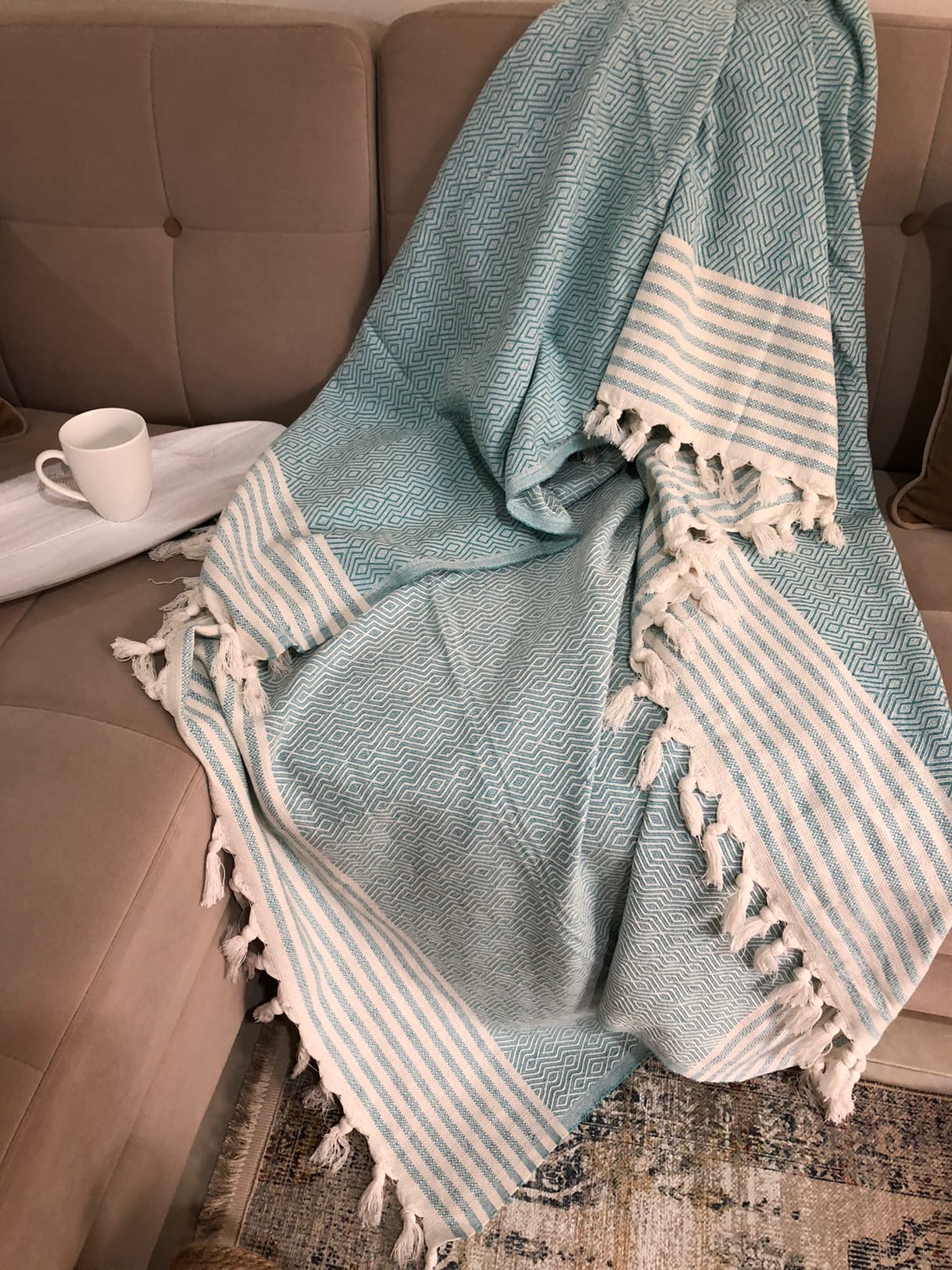 Плед голубой, ромбы