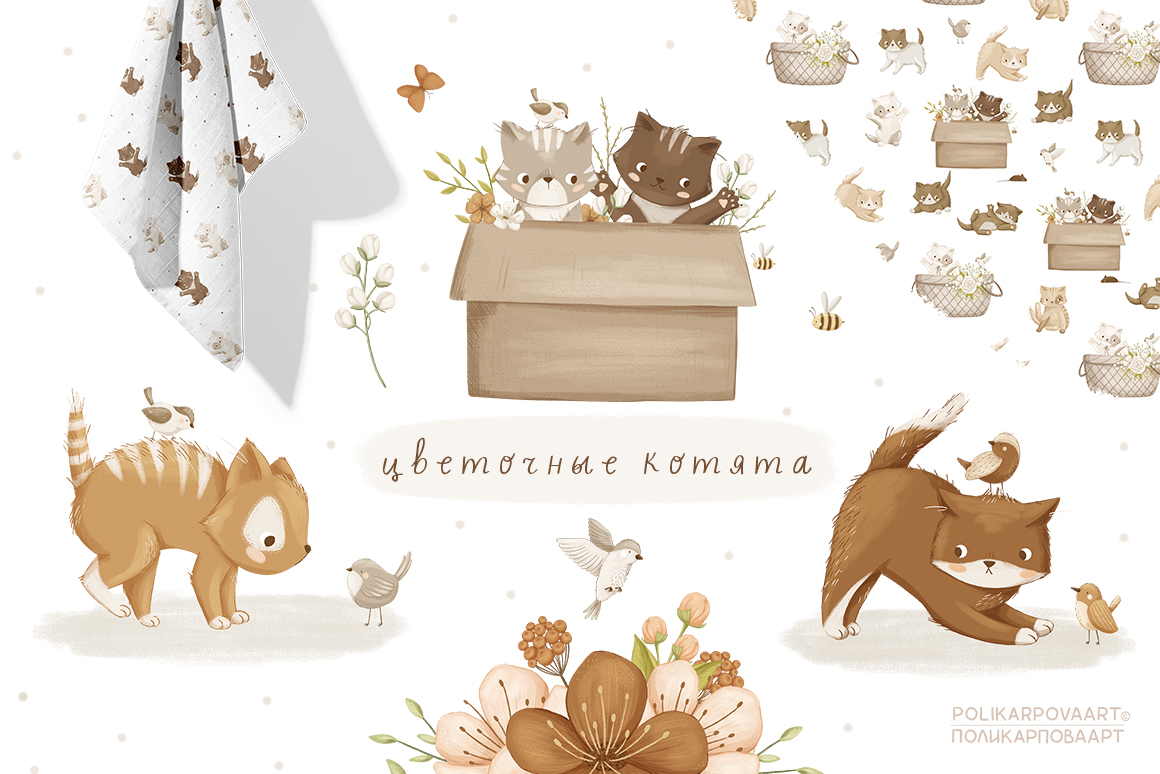 Коллекция "Цветочные котята" - графические иллюстрации, композиции и паттерны