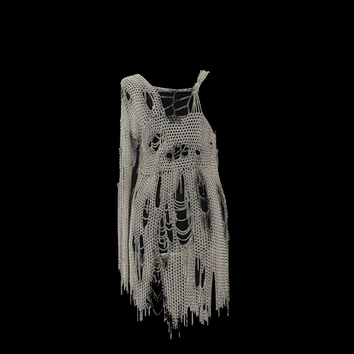 Платье Nevoda из цепей с асимметричным рукавом и прорезями, как будто соткано из памяти и света.